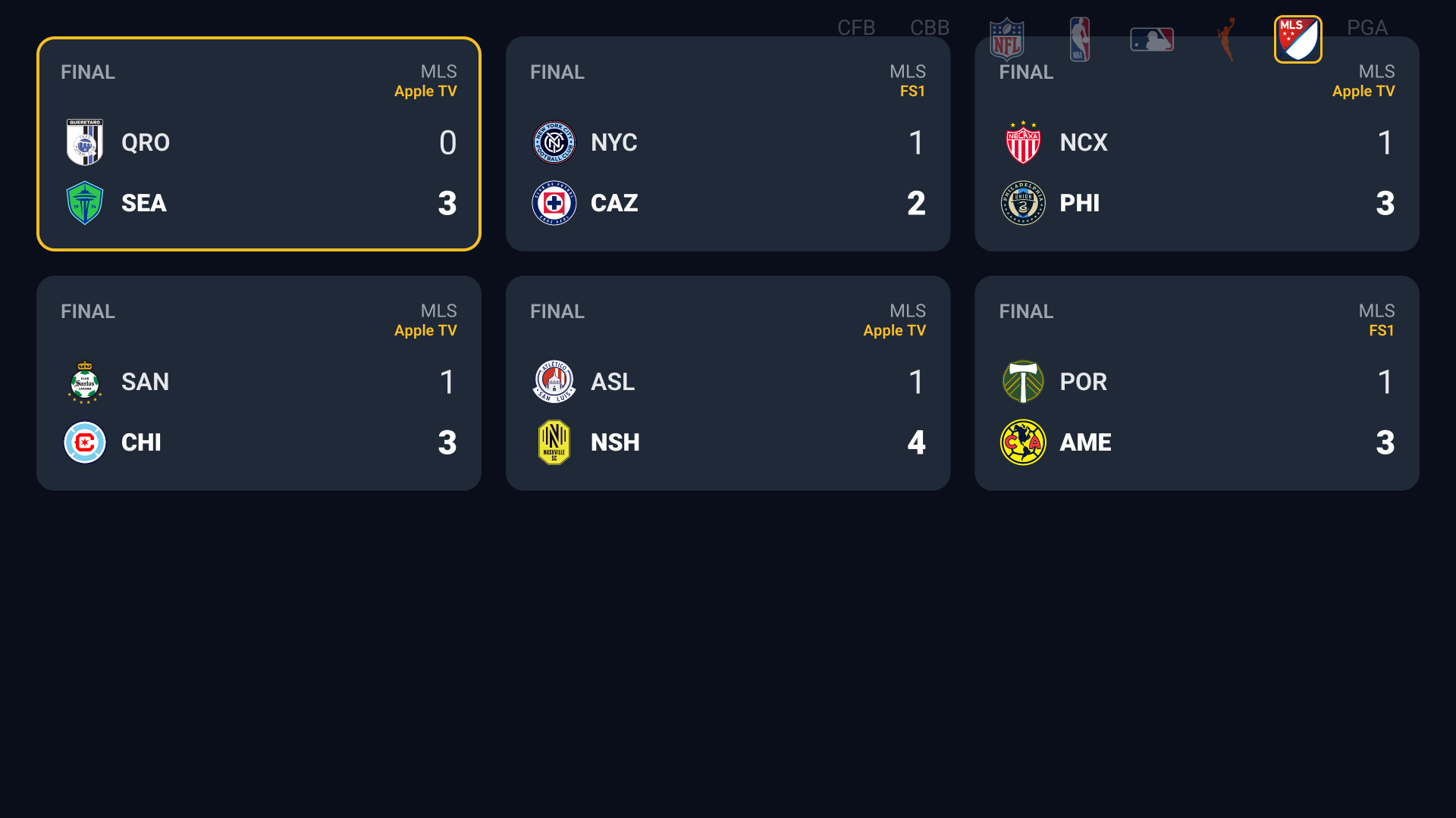 SportsBox Scoreboard Grid showing MLS soccer game cards with team logos, final scores, and broadcast networks — six games displayed in a clean three-column grid