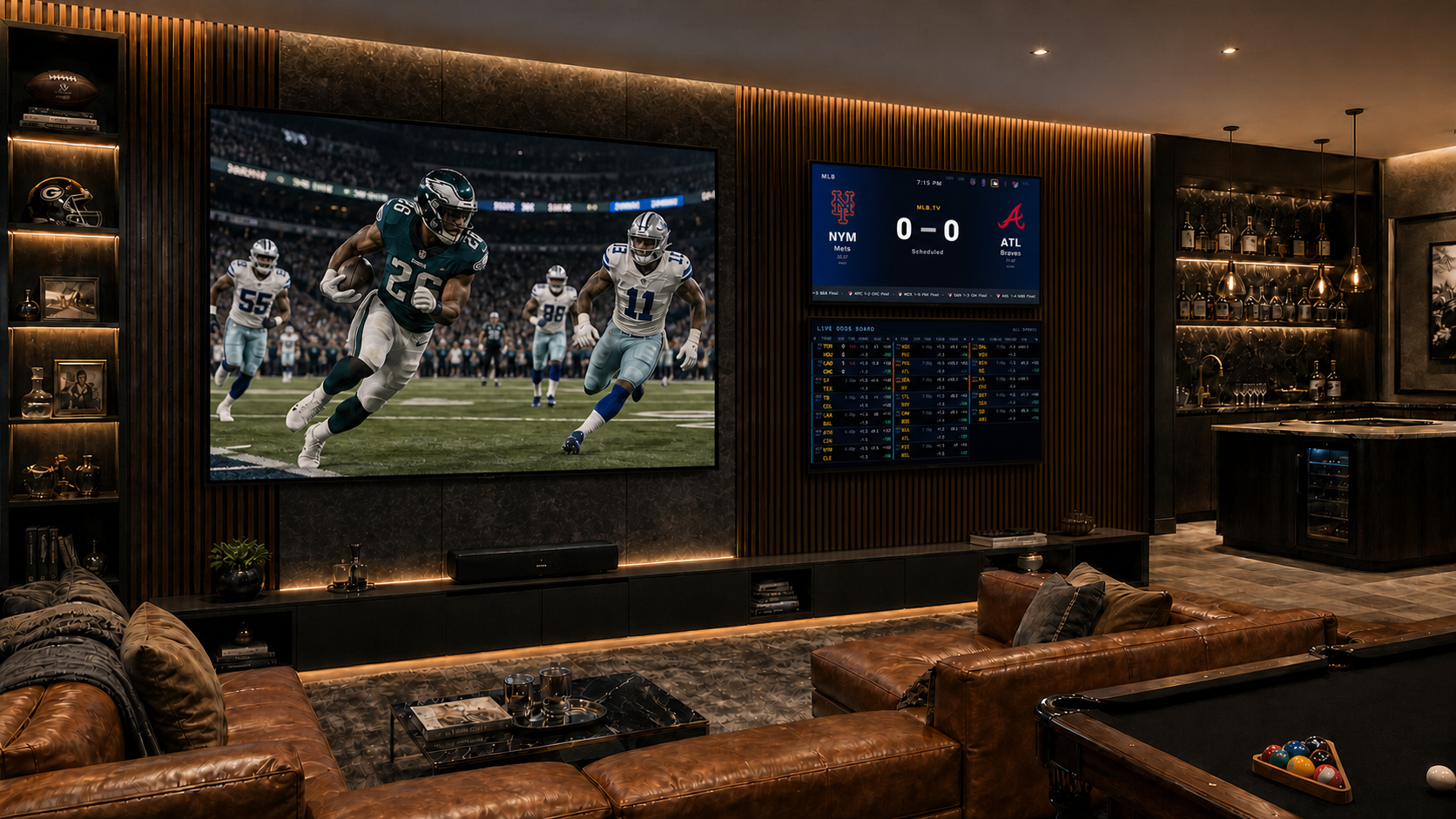 High-end man cave with dark custom cabinetry, ambient lighting, and a large TV — the perfect room for SportsBox live sports display