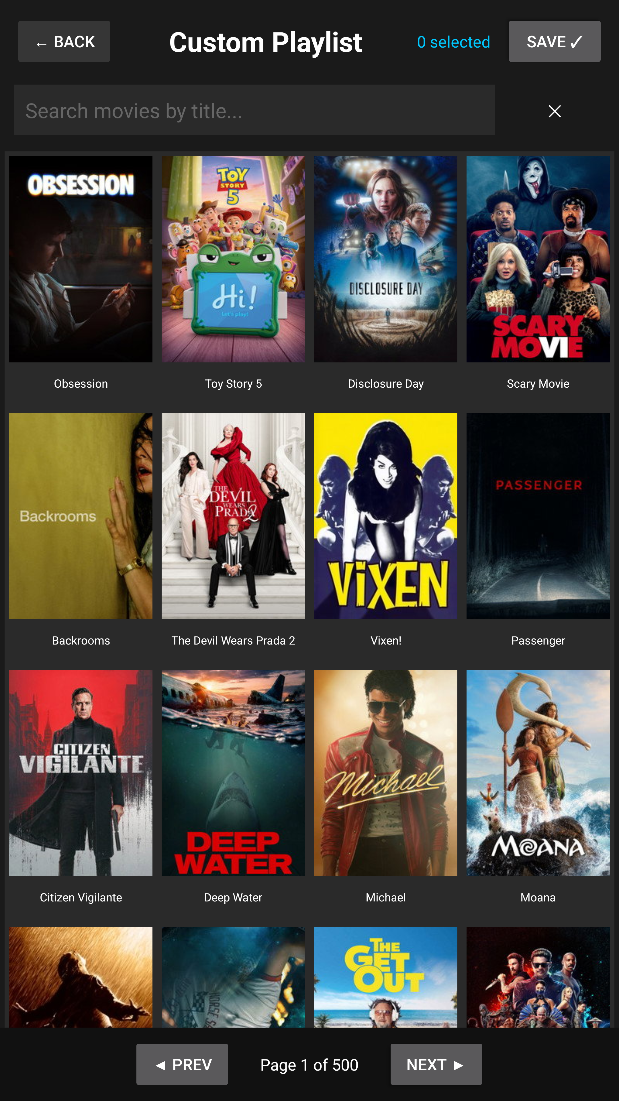 PosterBox custom playlist builder showing a grid of movie poster thumbnails with blue checkmarks on selected posters, allowing premium users to hand-pick which posters display on their home theater TV