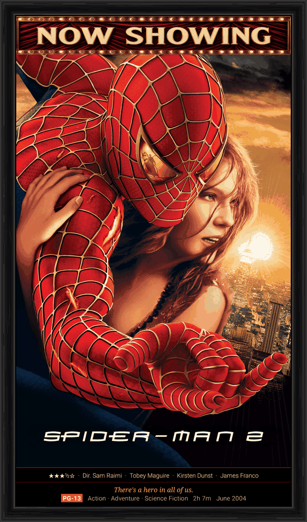 PosterBox displaying a Spider-Man 2 movie poster on a portrait-mounted TV in a black wood frame, with an animated Now Showing marquee banner at the top and theater info panel showing star rating, cast, and movie details at the bottom