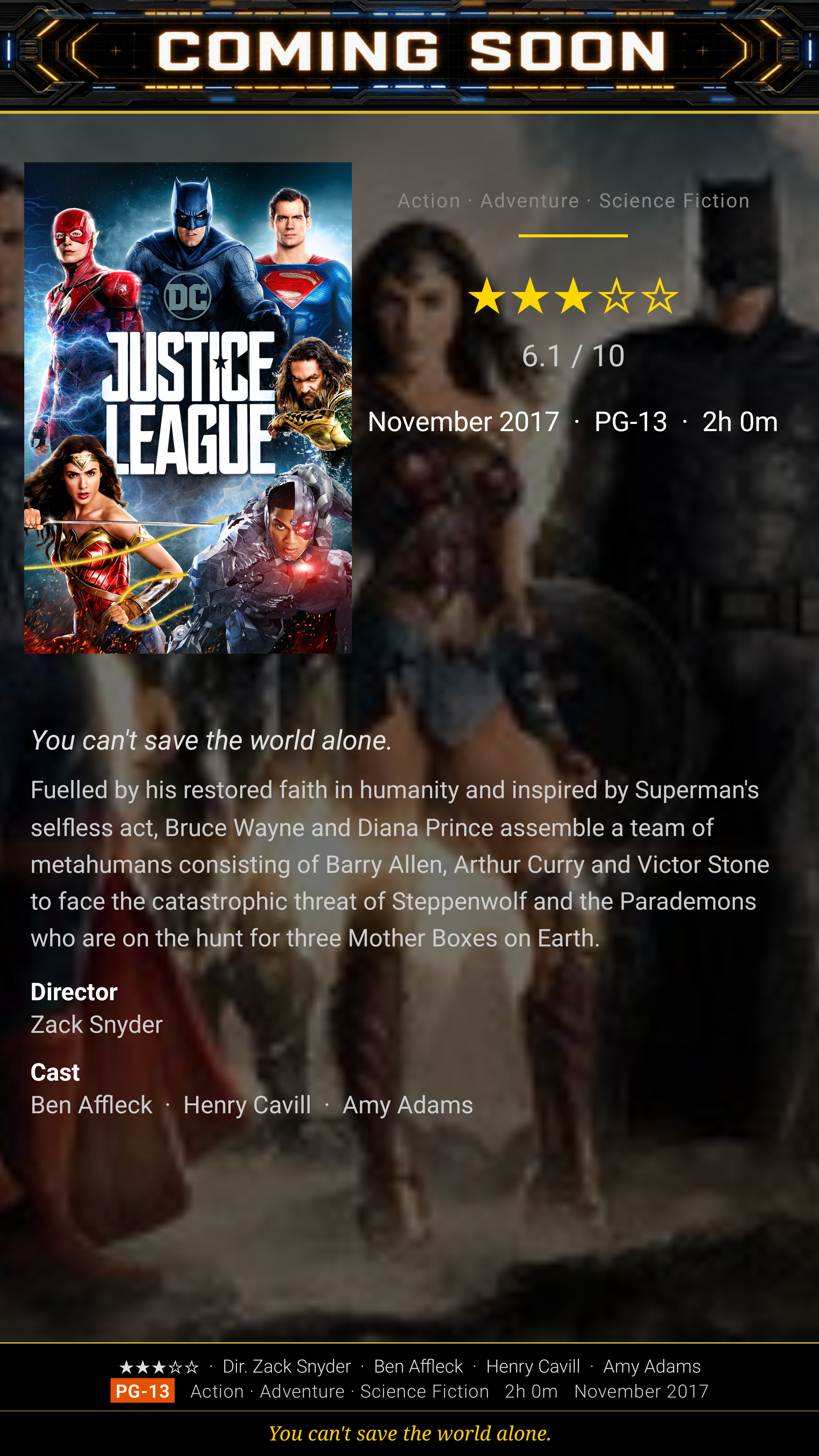 PosterBox Synopsis Overlay showing Justice League movie details — blurred backdrop fills the center panel, poster floats in the corner, with star rating, genres, runtime, tagline, full synopsis, director, and cast displayed